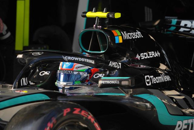 Mercedes' Italian driver Kimi Antonelli sits in his car in the pits during the sprint qualifying session ahead of the Formula One Chinese Grand Prix at the Shanghai International Circuit in Shanghai on March 13, 2026. (Photo by Andy WONG / POOL / AFP)