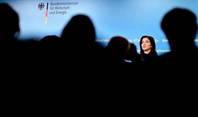 German Economy and Energy Minister Katherina Reiche addresses journalists during a joint press statement in Berlin on March 13, 2026, on the occasion of a high-level meeting of the 'Alliance for the Future of Industry' (Buendnis Zukunft der Industrie). (Photo by Tobias SCHWARZ / AFP)