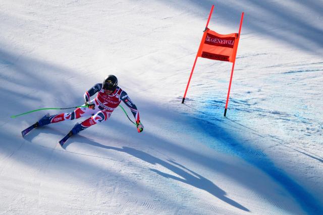 France's Nils Allegre competes in the Men's Downhill event of the FIS Alpine World Cup in Courchevel in the French Alps on March 13, 2026. (Photo by Olivier CHASSIGNOLE / AFP)