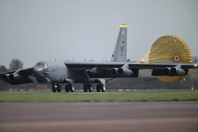A third US Air Force B-52 Stratofortress bomber lands at RAF Fairford in south-west England on March 13, 2026. Fairford is one of two bases, along with the Diego Garcia facility in the Indian Ocean, that the UK has given the US permission to use for "specific defensive operations into Iran" to destroy Iranian missiles at source, the British defence minister said in a statement. (Photo by Henry NICHOLLS / AFP)