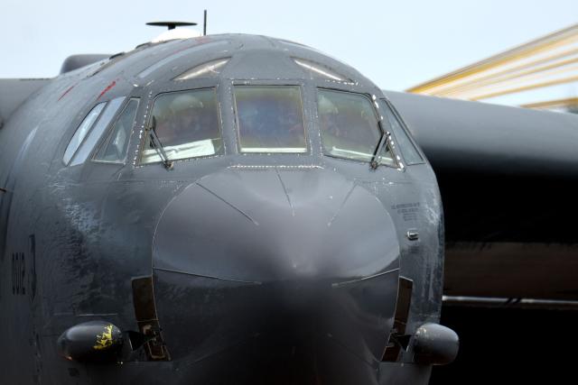 A third US Air Force B-52 Stratofortress bomber lands at RAF Fairford in south-west England on March 13, 2026. Fairford is one of two bases, along with the Diego Garcia facility in the Indian Ocean, that the UK has given the US permission to use for "specific defensive operations into Iran" to destroy Iranian missiles at source, the British defence minister said in a statement. (Photo by Henry NICHOLLS / AFP)