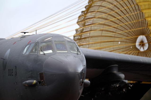 A third US Air Force B-52 Stratofortress bomber lands at RAF Fairford in south-west England on March 13, 2026. Fairford is one of two bases, along with the Diego Garcia facility in the Indian Ocean, that the UK has given the US permission to use for "specific defensive operations into Iran" to destroy Iranian missiles at source, the British defence minister said in a statement. (Photo by Henry NICHOLLS / AFP)