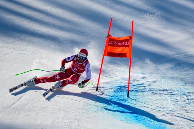 Austria's Vincent Kriechmayr competes in the Men's Downhill event of the FIS Alpine World Cup in Courchevel in the French Alps on March 13, 2026. (Photo by Olivier CHASSIGNOLE / AFP)