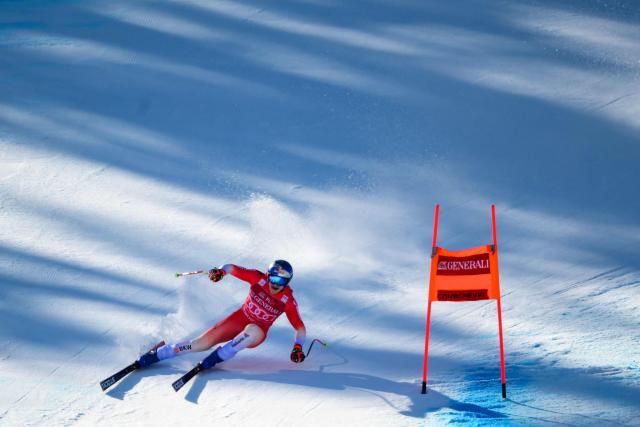 Switzerland's Marco Odermatt competes in the Men's Downhill event of the FIS Alpine World Cup in Courchevel in the French Alps on March 13, 2026. (Photo by Olivier CHASSIGNOLE / AFP)