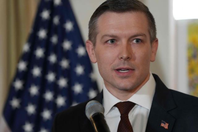 Kyle Haustveit, Assistant Secretary of Energy, delivers a speech at the reception of the Indo-Pacific Energy Security Ministerial and Business Forum at the US ambassador's residence in Tokyo March 13, 2026. (Photo by Eugene Hoshiko / POOL / AFP)