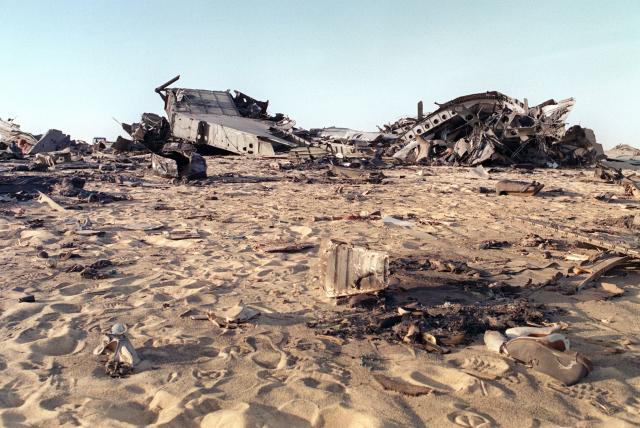 (FILES) The wreckage of the French UTA DC-10 flight 772 lay on the sands of the Tenere desert, on September 21, 1989 after the passenger plane exploded overhere on September 19, 1989 killing all 171 people aboard, because of a bomb in the luggage tank of the plane. In September 2025, the Paris criminal court handed down a heavy sentence against Nicolas Sarkozy, punishing "corruption at the highest level" of "exceptional gravity" in order "to obtain Libyas commitment to provide financial support" for his 2007 presidential campaign. Nicolas Sarkozy, who has always disputed this account, will now have to challenge on appeal the findings of the trial judges, who identified him as both an actor in and a beneficiary of a criminal conspiracy starting on March 16, 2026. (Photo by Christian SPILLMANN / AFP)