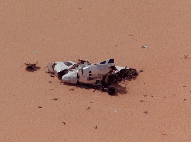 (FILES) The cabin of the UTA DC 10 flight 772 lays on the Tenere desert 21 September 1989 after the passenger plane exploded 19 September killing all 171 people aboard. In September 2025, the Paris criminal court handed down a heavy sentence against Nicolas Sarkozy, punishing "corruption at the highest level" of "exceptional gravity" in order "to obtain Libyas commitment to provide financial support" for his 2007 presidential campaign. Nicolas Sarkozy, who has always disputed this account, will now have to challenge on appeal the findings of the trial judges, who identified him as both an actor in and a beneficiary of a criminal conspiracy starting on March 16, 2026. (Photo by Pascal GUYOT / AFP)