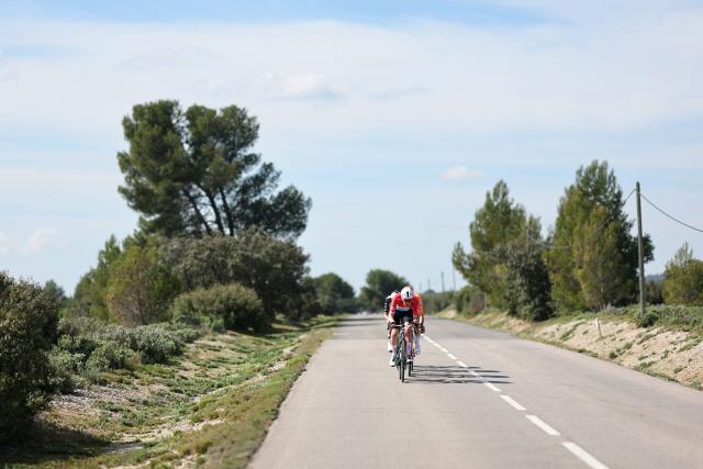 Tudor Pro Cycling Team's Luxembourgish rider Arthur Kluckers leads the breakaway during the 6th stage of the Paris-Nice cycling race, 179.3 km between Barbentane and Apt, on March 13, 2026. (Photo by Anne-Christine POUJOULAT / AFP)