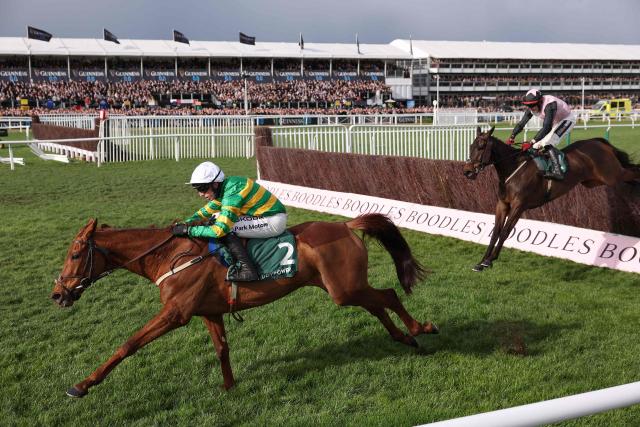 Jockey Mark Walsh rides racehorse Dinoblue (L) to win ahead of second-placed Only By Night ridden by jockey Keith O'Donoghue in the Mares' Chase horse race on the fourth day of the Cheltenham Festival at Cheltenham Racecourse, in Cheltenham, western England on March 13, 2026. (Photo by Adrian Dennis / AFP)