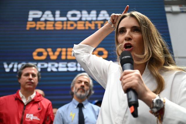 Colombia's presidential candidate for the conservative Democratic Centre party, Paloma Valencia, speaks after registering her candidacy in Bogota, on March 13, 2026. Colombia will hold presidential elections on May 31, 2026. (Photo by RAUL ARBOLEDA / AFP)