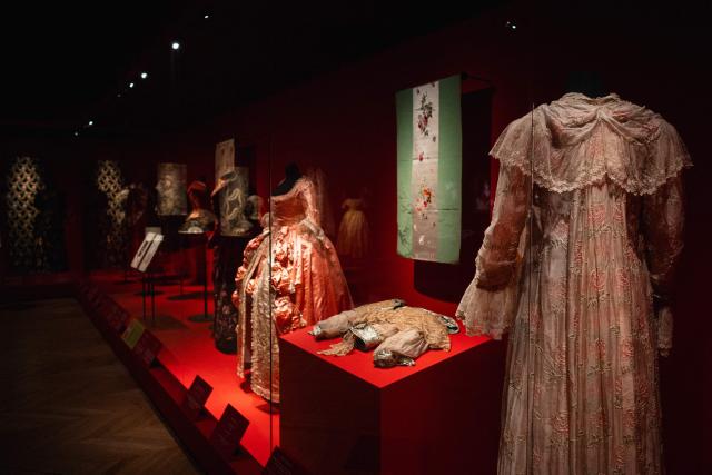 This picture shows creations displayed during the exhibition "Fashion in the 18th Century, A Fantasized Legacy" at the Galliera Palais fashion museum in Paris on March 13, 2026. The exhibition runs from March 14, 2026, to July 12, 2026. (Photo by Dimitar DILKOFF / AFP)