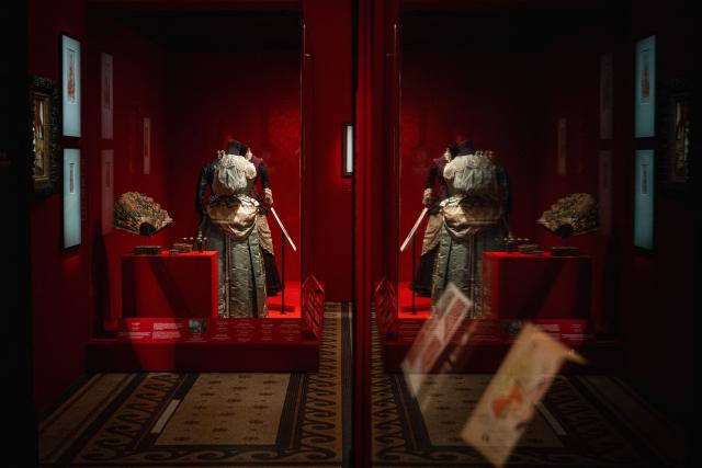 This picture shows creations displayed during the exhibition "Fashion in the 18th Century, A Fantasized Legacy" at the Galliera Palais fashion museum in Paris on March 13, 2026. The exhibition runs from March 14, 2026, to July 12, 2026. (Photo by Dimitar DILKOFF / AFP)
