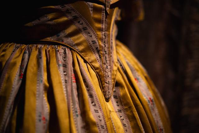 This picture shows a detail of a "Robe a transformation" (evening bodice and skirt), circa 1850, displayed during the exhibition "Fashion in the 18th Century, A Fantasized Legacy" at the Galliera Palais fashion museum in Paris on March 13, 2026. The exhibition runs from March 14, 2026, to July 12, 2026. (Photo by Dimitar DILKOFF / AFP)