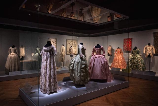 This picture shows creations displayed during the exhibition "Fashion in the 18th Century, A Fantasized Legacy" at the Galliera Palais fashion museum in Paris on March 13, 2026. The exhibition runs from March 14, 2026, to July 12, 2026. (Photo by Dimitar DILKOFF / AFP)