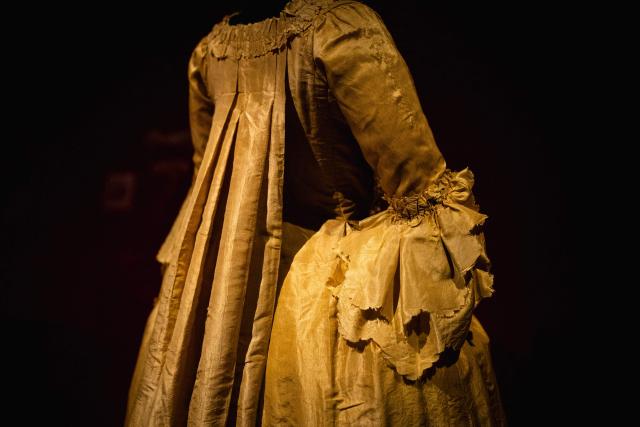 This picture shows a "Robe a la Francaise", circa 1760-1765, displayed during the exhibition "Fashion in the 18th Century, A Fantasized Legacy" at the Galliera Palais fashion museum in Paris on March 13, 2026. The exhibition runs from March 14, 2026, to July 12, 2026. (Photo by Dimitar DILKOFF / AFP)
