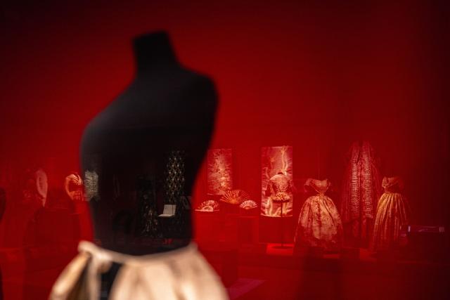 This picture shows creations displayed during the exhibition "Fashion in the 18th Century, A Fantasized Legacy" at the Galliera Palais fashion museum in Paris on March 13, 2026. The exhibition runs from March 14, 2026, to July 12, 2026. (Photo by Dimitar DILKOFF / AFP)