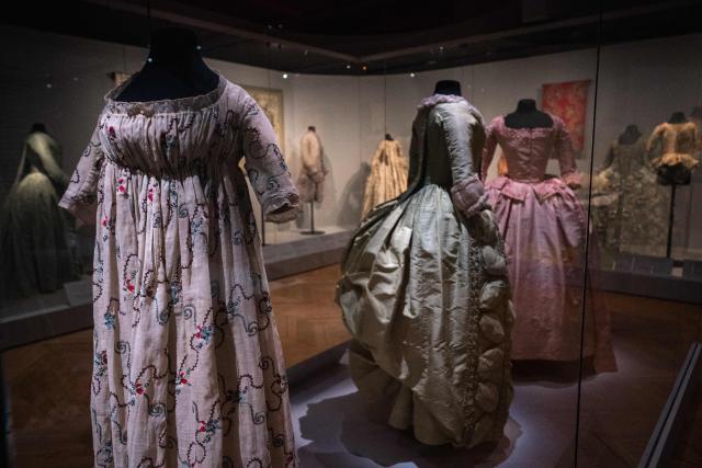 This picture shows creations displayed during the exhibition "Fashion in the 18th Century, A Fantasized Legacy" at the Galliera Palais fashion museum in Paris on March 13, 2026. The exhibition runs from March 14, 2026, to July 12, 2026. (Photo by Dimitar DILKOFF / AFP)