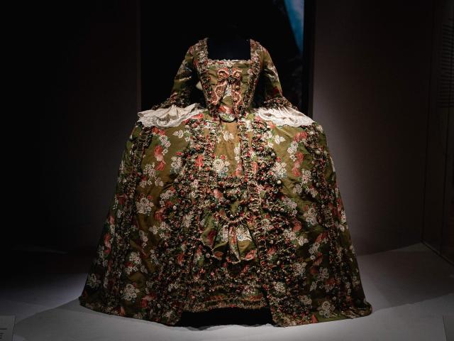 This picture shows a Sack-back down, circa 1755-1765 displayed during the exhibition "Fashion in the 18th Century, A Fantasized Legacy" at the Galliera Palais fashion museum in Paris on March 13, 2026. The exhibition runs from March 14, 2026, to July 12, 2026. (Photo by Dimitar DILKOFF / AFP)