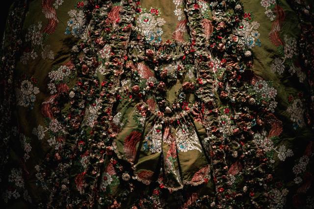This picture shows details of a Sack-back down, circa 1755-1765 displayed during the exhibition "Fashion in the 18th Century, A Fantasized Legacy" at the Galliera Palais fashion museum in Paris on March 13, 2026. The exhibition runs from March 14, 2026, to July 12, 2026. (Photo by Dimitar DILKOFF / AFP)