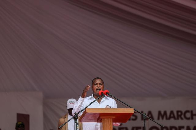 Incumbent President of the Republic of Congo and presidential candidate Denis Sassou Nguesso speaks during a campaign rally in Brazzaville on March 13, 2026 ahead of Congo's presidential election scheduled for March 15, 2026. (Photo by Daniel BELOUMOU OLOMO / AFP)