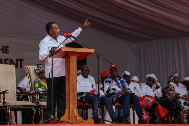 Incumbent President of the Republic of Congo and presidential candidate Denis Sassou Nguesso speaks during a campaign rally in Brazzaville on March 13, 2026 ahead of Congo's presidential election scheduled for March 15, 2026. (Photo by Daniel BELOUMOU OLOMO / AFP)
