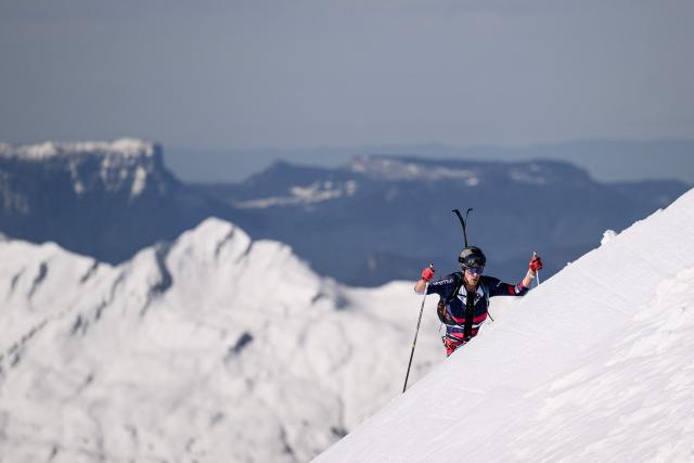 French skier Remi Cantan competes during the third stage of the 40th edition of the Pierra Menta ski mountaineering race in Areches-Beaufort on March 13, 2026. (Photo by ARNAUD FINISTRE / AFP)