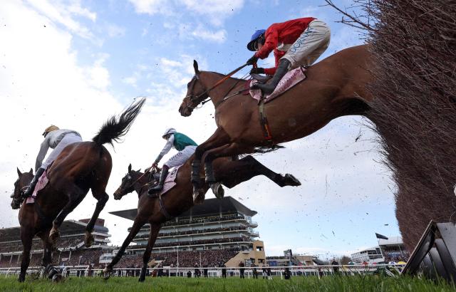 Gold Tweet ridden by jockey Clement Lefebvre (L), L'Homme Presse ridden by jockey Charlie Deutsch (C), and Envoi Alle ridden by jockey Darragh O'Keeffe clear a fence in the Gold Cup chase horse race on the fourth day of the Cheltenham Festival at Cheltenham Racecourse, in Cheltenham, western England on March 13, 2026. Gaelic Warrior eased home to win the Cheltenham Gold Cup, the blue-riband event of steeplechasing, and give trainer Willie Mullins a record-equalling fifth win in the race on Friday. Envoi Allen -- a winner of 10 Grade One races, including at the Festival -- collapsed and died on his final racecourse appearance after finishing ninth and last. (Photo by Adrian DENNIS / AFP)
