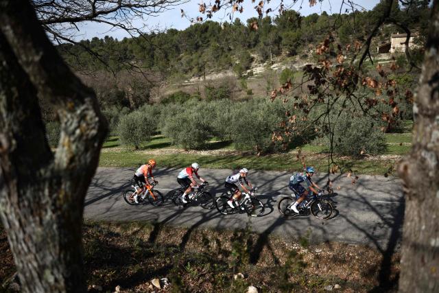 (From R) Soudal Quick-Step's Belgian rider Steff Cras, UAE Team Emirates - XRG's Spanish rider Igor Arrieta, Tudor Pro Cycling Team's Luxembourgish rider Arthur Kluckers and INEOS Grenadiers' British rider Joshua Tarling ride in a breakaway during the 6th stage of the Paris-Nice cycling race, 179.3 km between Barbentane and Apt, on March 13, 2026. (Photo by Anne-Christine POUJOULAT / AFP)