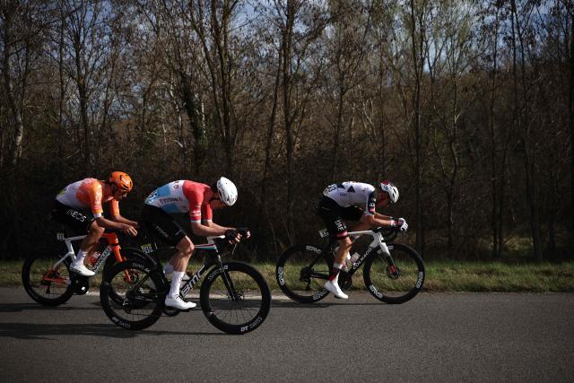 (From R) UAE Team Emirates - XRG's Spanish rider Igor Arrieta, Tudor Pro Cycling Team's Luxembourgish rider Arthur Kluckers, INEOS Grenadiers' British rider Joshua Tarling ride in a breakaway during the 6th stage of the Paris-Nice cycling race, 179.3 km between Barbentane and Apt, on March 13, 2026. (Photo by Anne-Christine POUJOULAT / AFP)