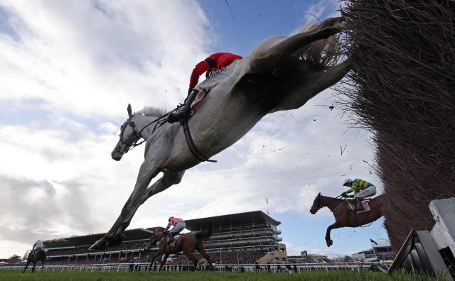 Jockey Paul Townend on Gaelic Warrior (L) rides to win ahead of Jango Baie ridden by jockey Nico de Boinville (2L), Grey Dawning ridden by jockey Harry Skelton (C) and Inothewayurthinkin ridden by jockey Mark Walsh (R) in the Gold Cup chase horse race on the fourth day of the Cheltenham Festival at Cheltenham Racecourse, in Cheltenham, western England on March 13, 2026. Gaelic Warrior eased home to win the Cheltenham Gold Cup, the blue-riband event of steeplechasing, and give trainer Willie Mullins a record-equalling fifth win in the race on Friday. Envoi Allen -- a winner of 10 Grade One races, including at the Festival -- collapsed and died on his final racecourse appearance after finishing ninth and last. (Photo by Adrian DENNIS / AFP)