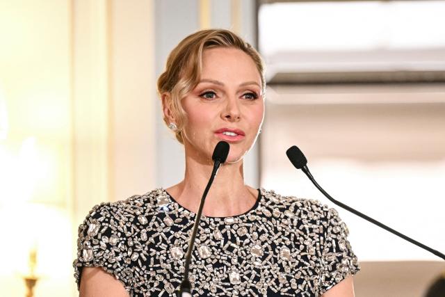 Princess Charlene of Monaco delivers a speech during the Provale Solidarite charity gala at the Hotel Georges V in Paris on March 13, 2026. (Photo by Bertrand GUAY / AFP) / NO TABLOIDS WEB & PRINT, NO DAILY MAIL, NO DAILY MAIL GROUP, NO VOICI, NO CLOSER