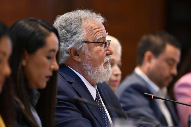 Ambassador of Mexico to the OAS, Alejandro Encinas, speaks during a public hearing on "Mexico: Situation of internal displacement" as part of the commission's 195th period of sessions in Guatemala City on March 13, 2026. (Photo by JOHAN ORDONEZ / AFP)