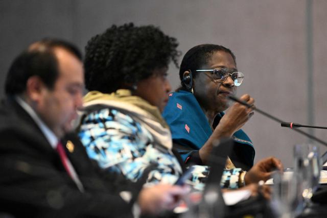 The Inter-American Commission on Human Rights Commissioner (CIDH) Marion Bethel speaks during a public hearing on "Mexico: Situation of internal displacement" as part of the commission's 195th period of sessions in Guatemala City on March 13, 2026. (Photo by JOHAN ORDONEZ / AFP)
