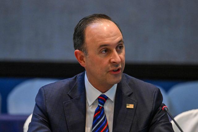 U.S. Department of State Office of the Legal Adviser, Carl Anderson, speaks during a public hearing on "US: Human rights situation in extraterritorial security operations" as part of the commission's 195th period of sessions in Guatemala City on March 13, 2026. (Photo by JOHAN ORDONEZ / AFP)