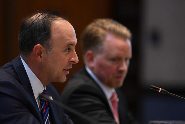U.S. Department of State Office of the Legal Adviser, Carl Anderson, speaks during a public hearing on "US: Human rights situation in extraterritorial security operations" as part of the commission's 195th period of sessions in Guatemala City on March 13, 2026. (Photo by JOHAN ORDONEZ / AFP)