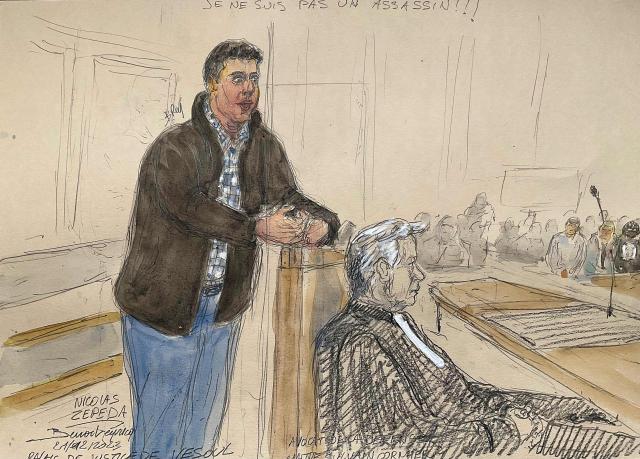 (FILES) This courtroom sketch made at the courthouse of Vesoul, eastern France, on December 21, 2023, shows defendant Chilean national Nicolas Zepeda, accused of allegedly murdering his Japanese ex-girlfriend in France in 2016, appearing on the final day and verdict of his appeal trial. Chilean national Nicolas Zepeda, accused of murdering his Japanese ex-girlfriend in Besançon will face his third trial at the assize court in Lyon on March 17, 2026. (Photo by Benoit PEYRUCQ / AFP)