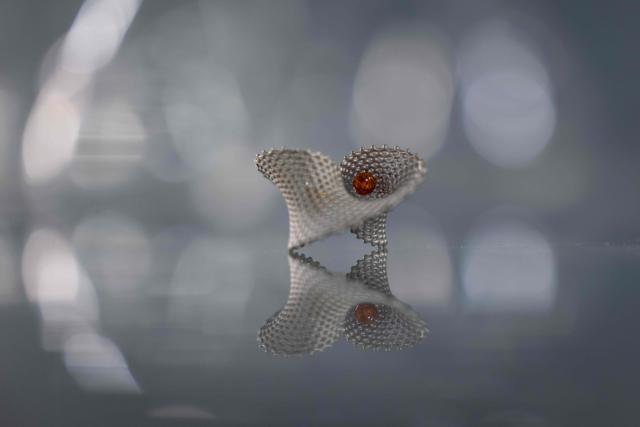 This picture presents piece of artistic jewellery made of natural Baltic amber, designed and created with use of 3d printing by student of Experimental Design Stuio on Academy of Fine Arts in Gdansk, Poland on March 10, 2026. Long coveted for its golden color, scientific value, and alleged healing properties, amber is now coming into the hand of young Polish jewelers, bringing the ancient resin into modern times. Together with drills, sanders, blasters, and power saws which look like they belong to a bygone era, virtual reality stations are used to combine earlier tools with state-of-the-art technology at the Academy of Fine Arts in Gdansk, a city on Poland's Baltic Coast known as amber's global capital. (Photo by Wojtek RADWANSKI / AFP)