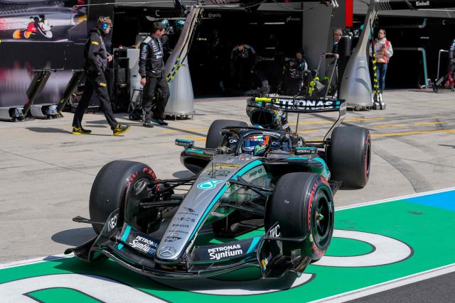 Mercedes' Italian driver Kimi Antonelli drives out of the pits during the sprint race ahead of the Formula One Chinese Grand Prix at the Shanghai International Circuit in Shanghai on March 14, 2026. (Photo by Andy Wong / POOL / AFP)