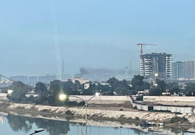 Smoke rises following a drone attack on the US embassy in Baghdad on March 14, 2026. A drone struck the US embassy in Baghdad on March 14, an Iraqi security official said, as an AFP journalist saw smoke rising from the complex. (Photo by AFP)