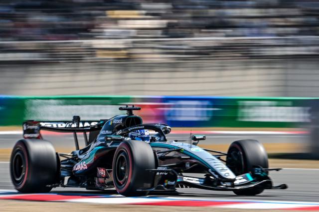 Mercedes' British driver George Russell drives during the sprint race ahead of the Formula One Chinese Grand Prix at the Shanghai International Circuit in Shanghai on March 14, 2026. (Photo by Hector RETAMAL / AFP)