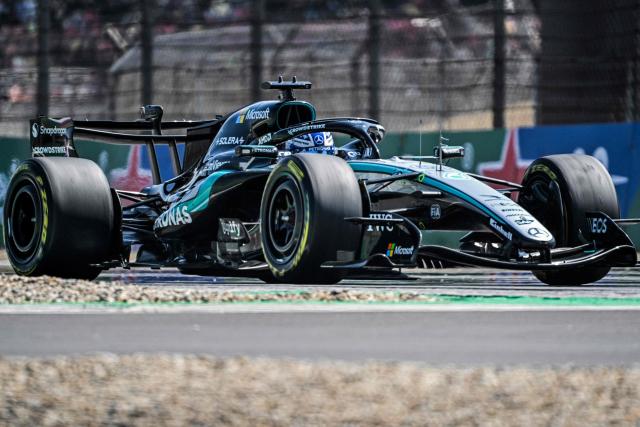 Mercedes' British driver George Russell drives during the sprint race ahead of the Formula One Chinese Grand Prix at the Shanghai International Circuit in Shanghai on March 14, 2026. (Photo by Hector RETAMAL / AFP)