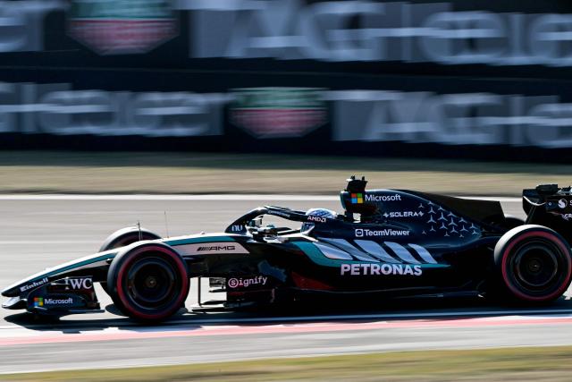 Mercedes' British driver George Russell drives during the qualifying session ahead of the Formula One Chinese Grand Prix at the Shanghai International Circuit in Shanghai on March 14, 2026. (Photo by Greg Baker / AFP)