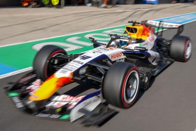 Racing Bulls' British driver Arvid Lindblad drives in the pits during the qualifying session ahead of the Formula One Chinese Grand Prix at the Shanghai International Circuit in Shanghai on March 14, 2026. (Photo by Andy Wong / POOL / AFP)