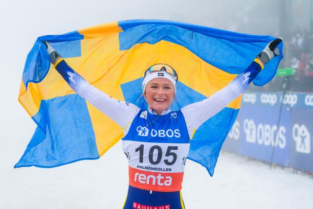 Sweden's Frida Karlsson reacts after the women's mass start 50km free race of the FIS Cross-Country World Cup in Holmenkollen, Oslo, Norway, on March 14, 2026. (Photo by Terje Pedersen / NTB / AFP) / Norway OUT