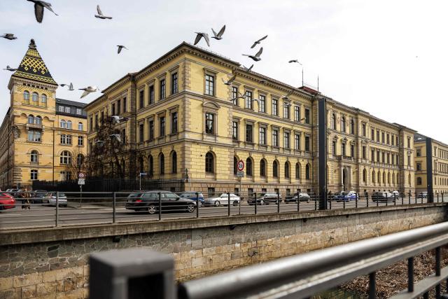 This photo taken on March 10, 2026 shows the building of the Regional Court and the  Constitutional Court of Saxony in Leipzig, eastern Germany. (Photo by JENS SCHLUETER / AFP)