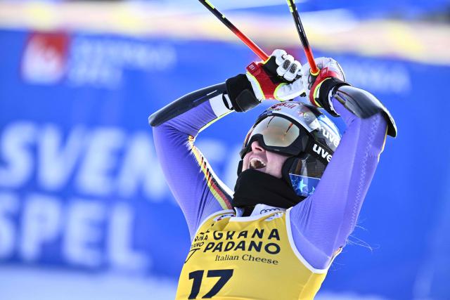 Germany's Emma Aicher reacts after competing in the second run of the women's giant slalom race during the FIS Ski World Cup event in Are, Sweden, on March 14, 2026. (Photo by Pontus LUNDAHL / TT News Agency / AFP) / Sweden OUT