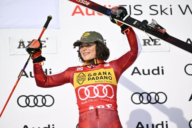 Austria's Julia Scheib celebrates on the podium after winning the women's giant slalom race during the FIS Ski World Cup event in Are, Sweden, on March 14, 2026. (Photo by Pontus LUNDAHL / TT News Agency / AFP) / Sweden OUT