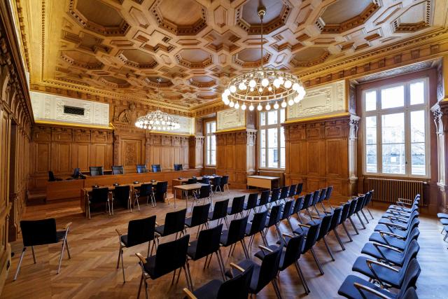 Rows of seats are pictured inside the second courtroom of the Federal Administrative Court (Bundesverwaltungsgericht) in Leipzig, eastern Germany on March 10, 2026. (Photo by JENS SCHLUETER / AFP)