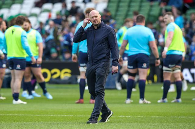 Scotland's head coach Gregor Townsend on the pitch ahead of the Six Nations international rugby union match between Ireland and Scotland at the Aviva Stadium in Dublin, on March 14, 2026. (Photo by Paul Faith / AFP)