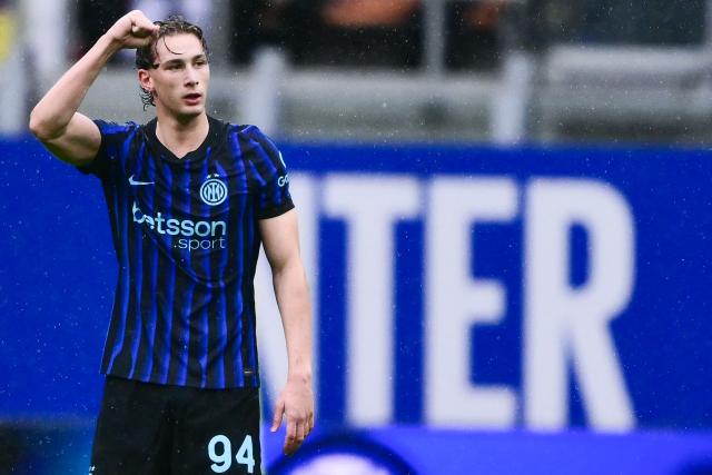 Inter Milan’s Italian forward #94 Francesco Pio Esposito celebrates scoring his team's first goal during the Italian Serie A football match between Inter Milan and Atalanta at the San Siro stadium in Milan  on March 14, 2026. (Photo by MARCO BERTORELLO / AFP)